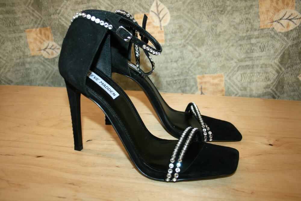 New Steve Madden Collette Black Leather w/ Faux Diamonds Heels 10 M